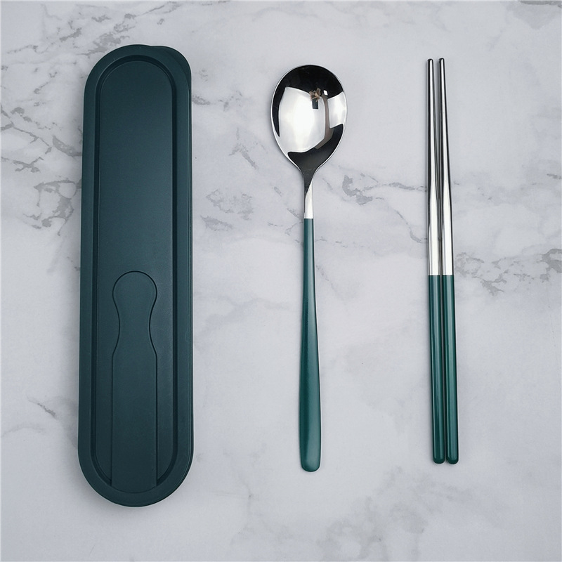304 de acero inoxidable vajilla estilo coreano palillos conjunto de tres piezas traje portátil estudiante comedor al aire libre logotipo impreso