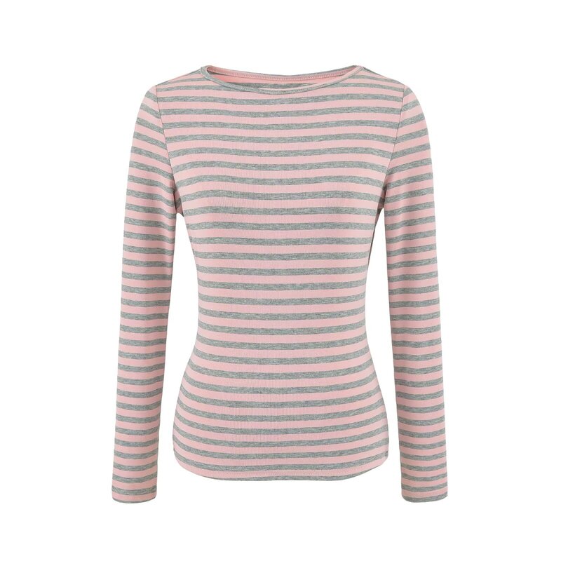 European and American style new women's retro color-block striped round-neck long-sleeve T-shirt, a relaxed and slimming basic tee European and American style new women's retro color-block striped round-neck long-sleeve T-shirt, a relaxed and slimming basic tee
