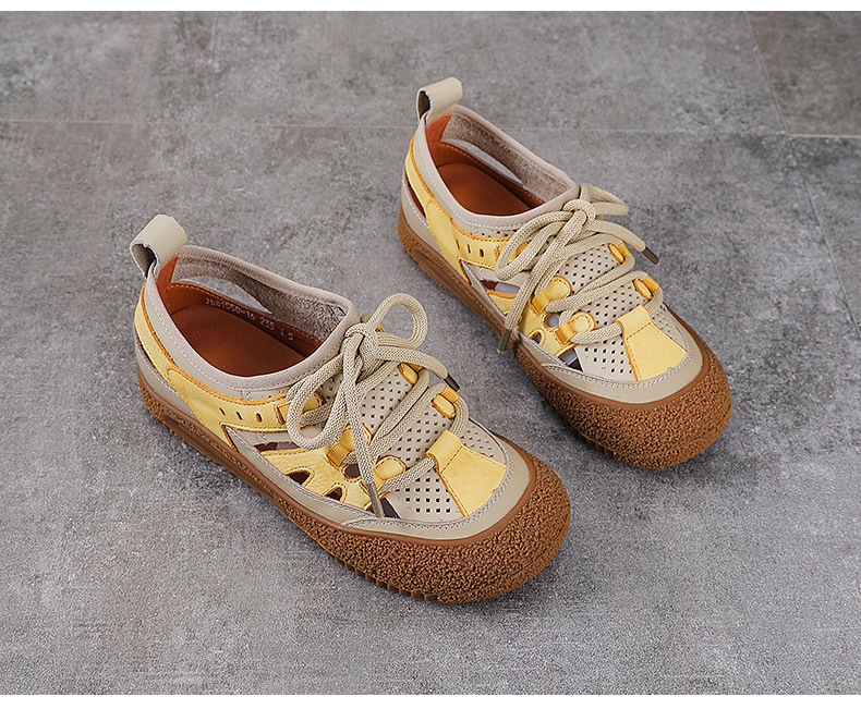 Sandal nữ da bò thật đục lỗ phong cách cổ điển buộc dây — màu vàng chi tiết 13