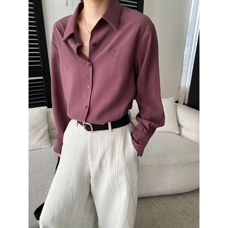 Sikan Autumn New Arrival Tencel Blend Small Heart Embroidery Turn-down Collar Loose Slimming Long Sleeve Shirt SN9269