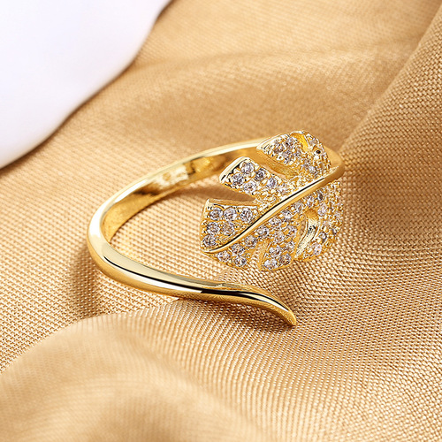 South Korean female fashion ring design feeling small leaves zircon plating 24 k gold finger ring jewelry wholesale