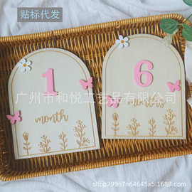 木质婴儿里程碑拍照纪念可替换数字月份牌拱形树叶蝴蝶小花DIY木