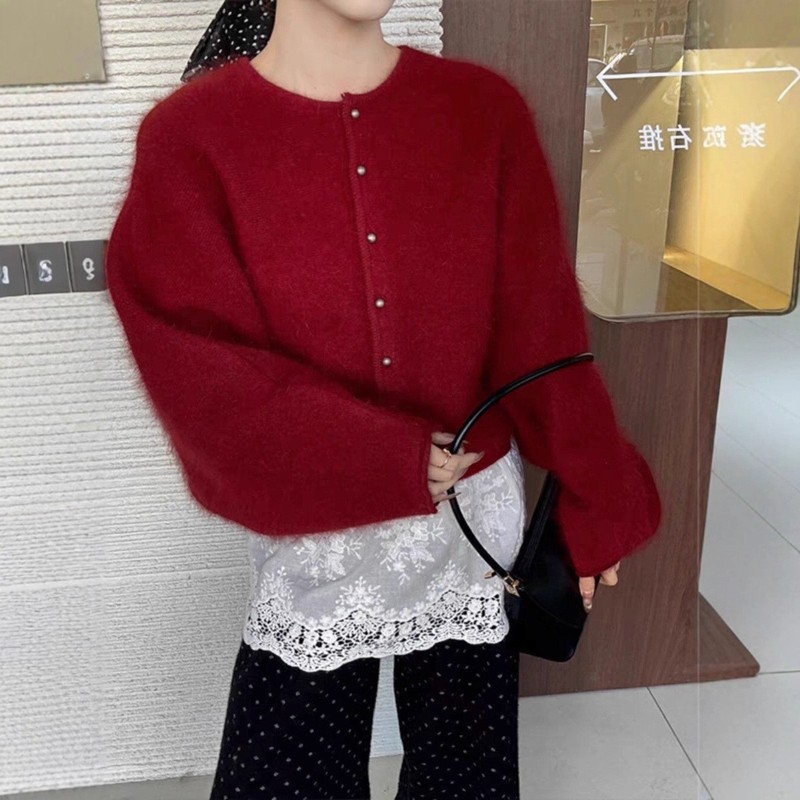 超柔软手感日韩风圆领针织开衫上衣女秋冬季慵懒风短款毛衣外套女|undefined
