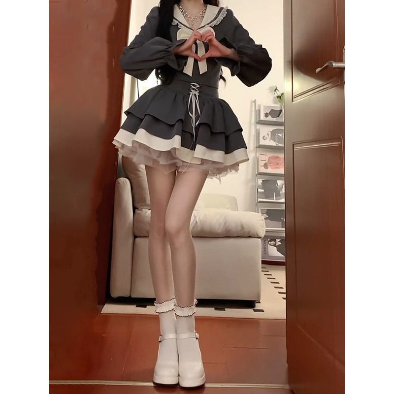 日系甜美少女jk海军领蝴蝶结上衣+高腰绑带拼接半身短裙两件套装|undefined