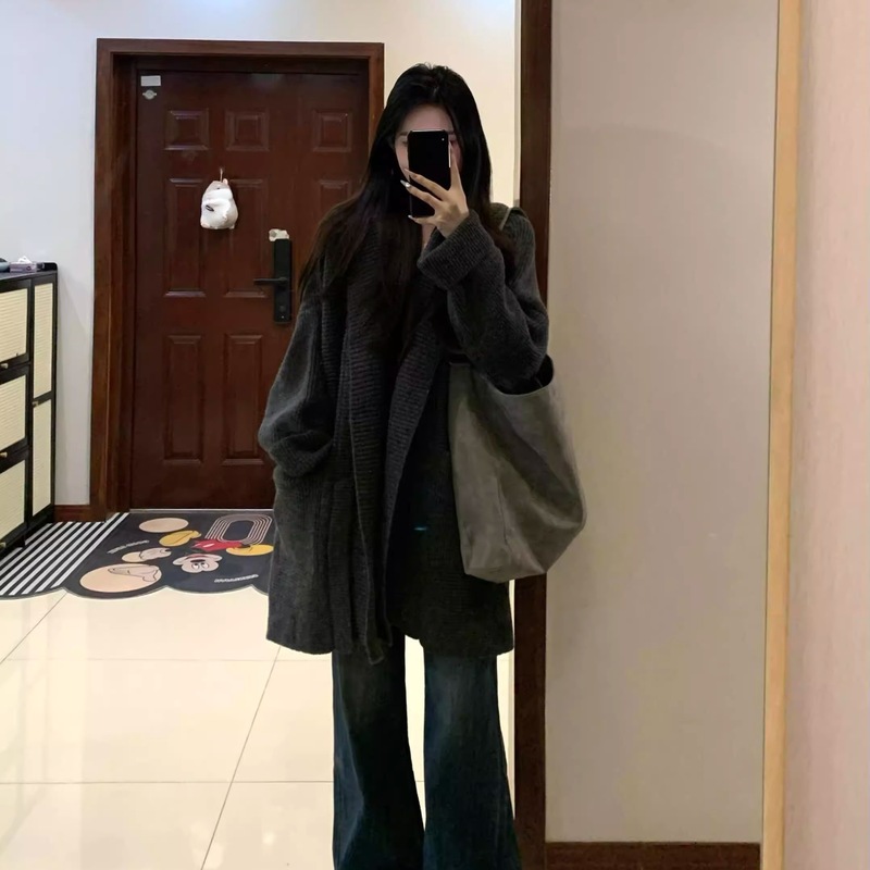 慵懒风宽松休闲针织开衫女秋冬加厚保暖气质百搭中长款毛衣外套|undefined