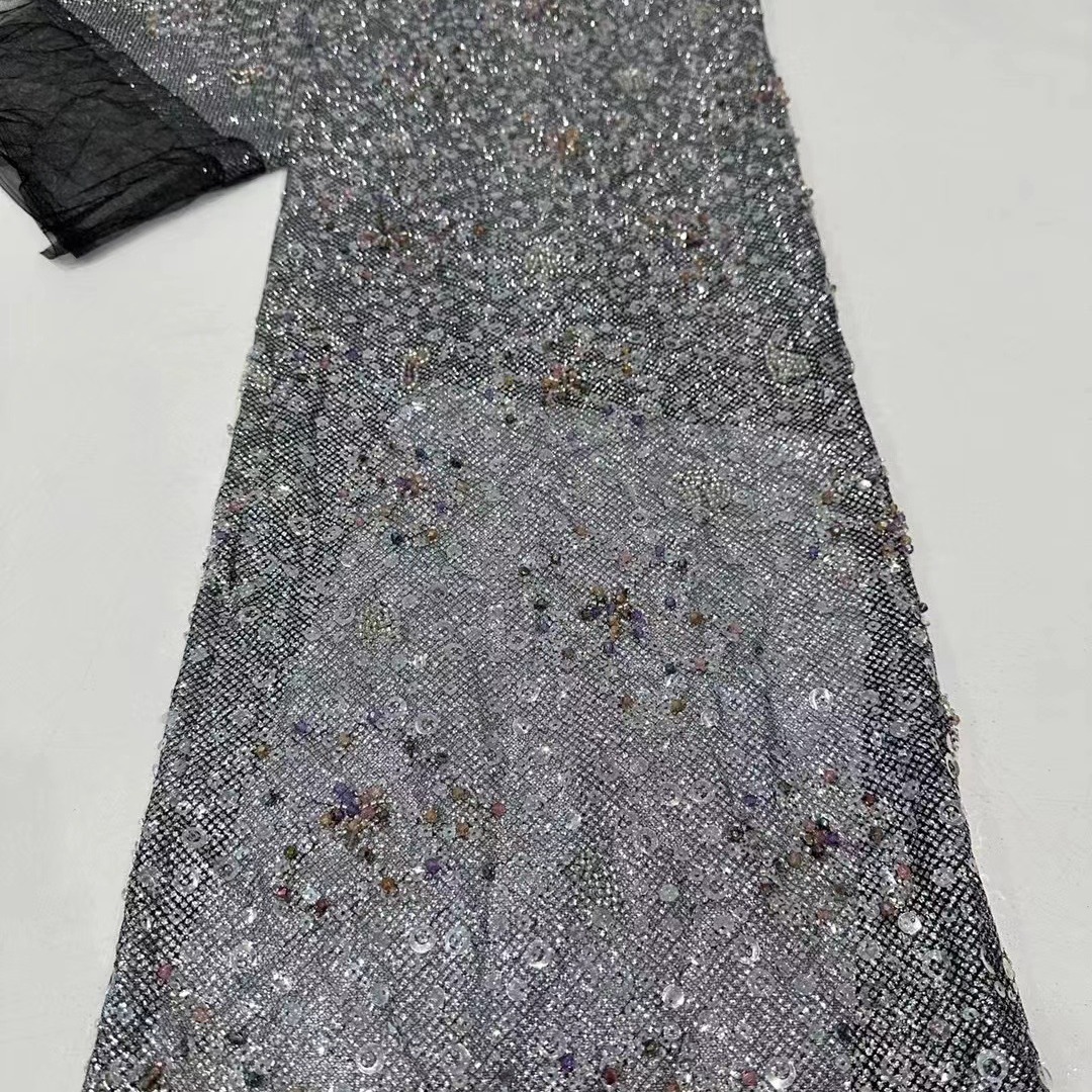 Polvo de polvo de tela de sequilla de encaje cuentas bordadas vestido de boda cheongsam bordado tela de sequilla