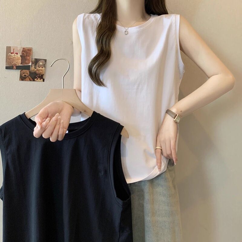 Summer White Sleeveless Tank Top for Women, Trendy Loose-Fitting Outerwear, Small Strap Vest, Suitable for Layering under a Blazer, Sports Style