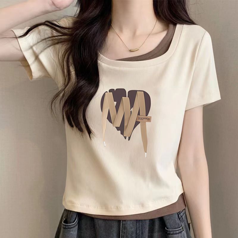 Fake Two-Piece Color-Blocked U-Neck Short-Sleeved T-Shirt for Women in Summer Korean Style Fashionable Slimming Look Short Creative Printed Tops