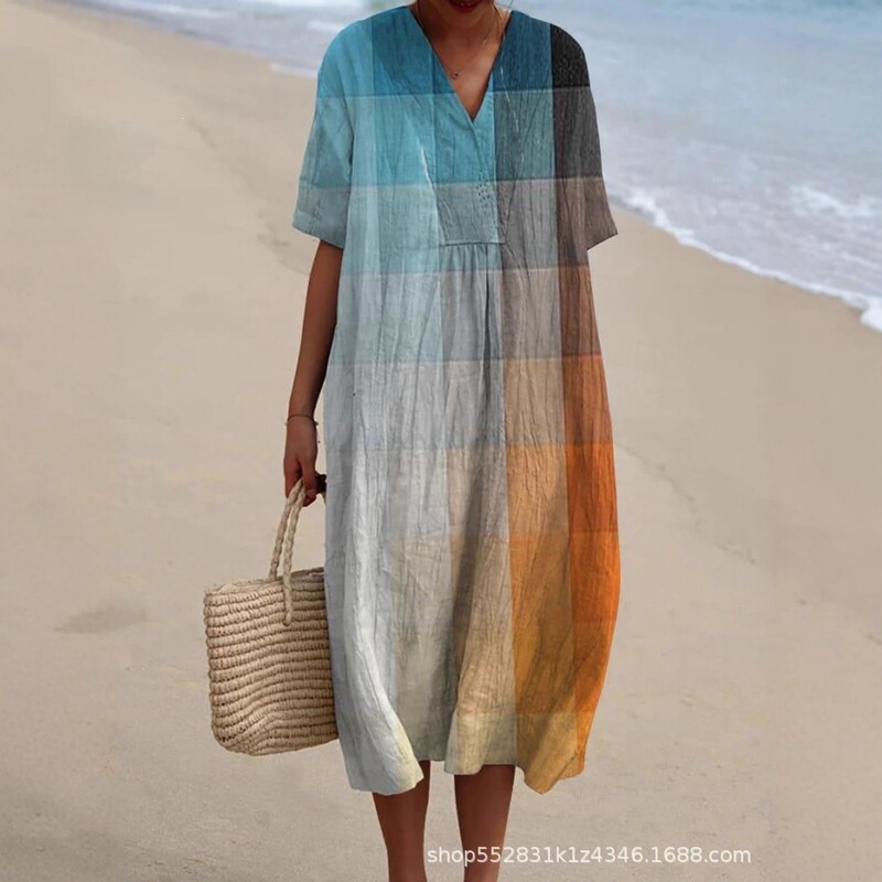 2026 Spring/Summer New V-Neck Casual Dress, Plus Size Women's Natural Style Short Sleeve Dress 2026 Spring/Summer New V-Neck Casual Dress, Plus Size Women's Natural Style Short Sleeve Dress