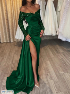 Abito lungo monospalla da donna con maniche lunghe – Elegante abito lungo con scollo a V e paillettes (gonna svasata, dettagli metallici, tessuto elasticizzato)_voghion.com