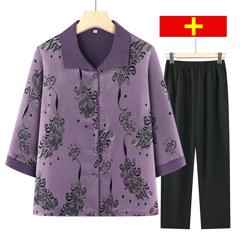 Middle-Aged and Elderly High-End Casual Suits for Mothers, Summer Loose-Fitting Breathable Slimming Tops, Summer Collared Shirts Two-Piece Set Middle-Aged and Elderly High-End Casual Suits for Mothers, Summer Loose-Fitting Breathable Slimming Tops, Summer Collared Shirts Two-Piece Set