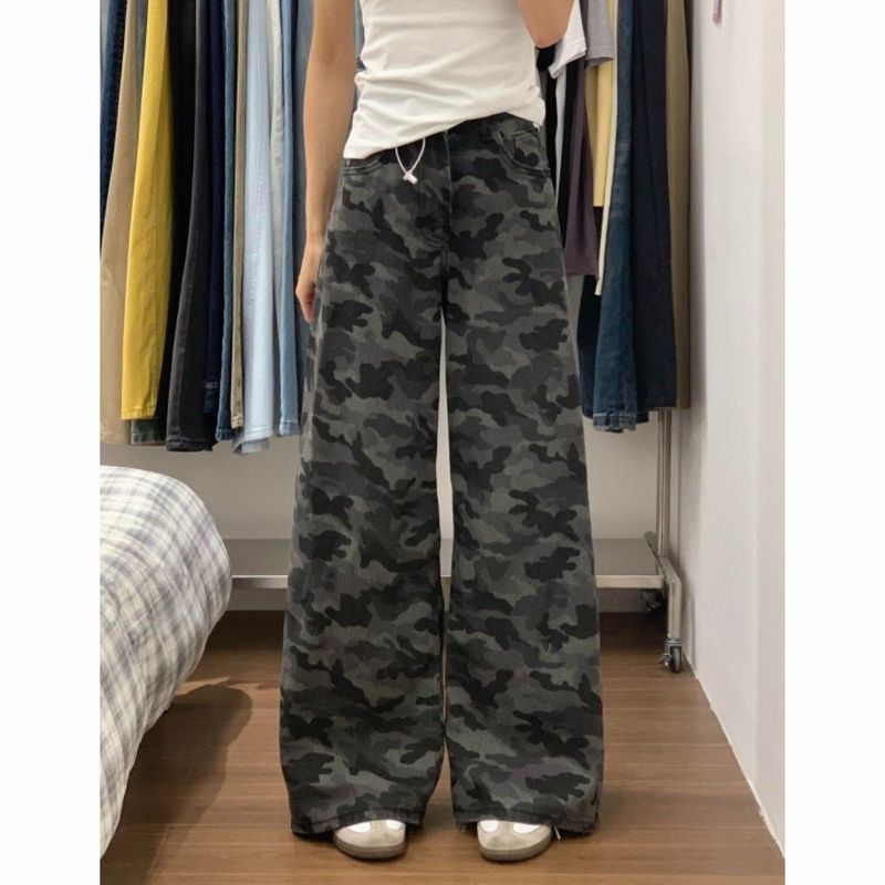 アメリカンスタイルの多用途レトロ迷彩ジーンズ女性の新しいハイウエストストレートスリムルーズワイドレッグワークウェアフロアモップパンツ|undefined