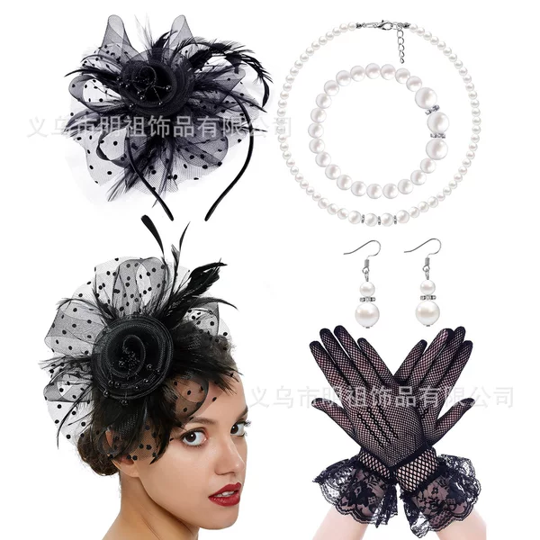 European and American Retro Bridal Hair Accessories suit Kentucky Derby Feather Headdress Mesh Hair Hoop Gloves Necklace suit