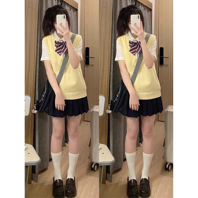 JK Uniform Vest Early Autumn College Style Solid Color V-neck Sleeveless Inner Yellow Pullover Sweater Women's Knitwear