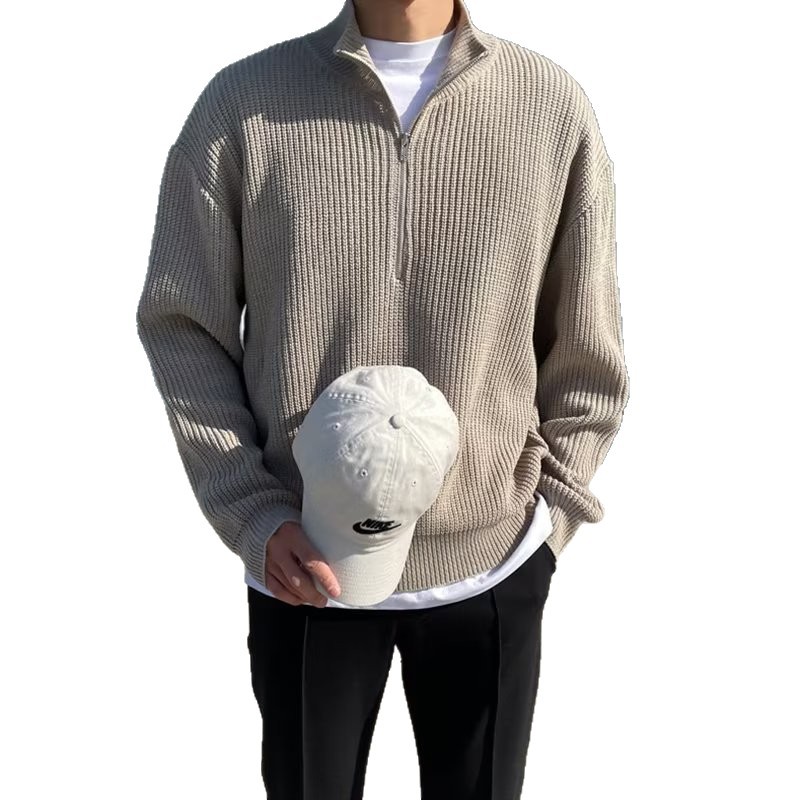 Otoño y invierno semia cremallera suéter de cuello abierto hombre moda coreana guapo camisa de punto de cuello vertical blusa cuello alto