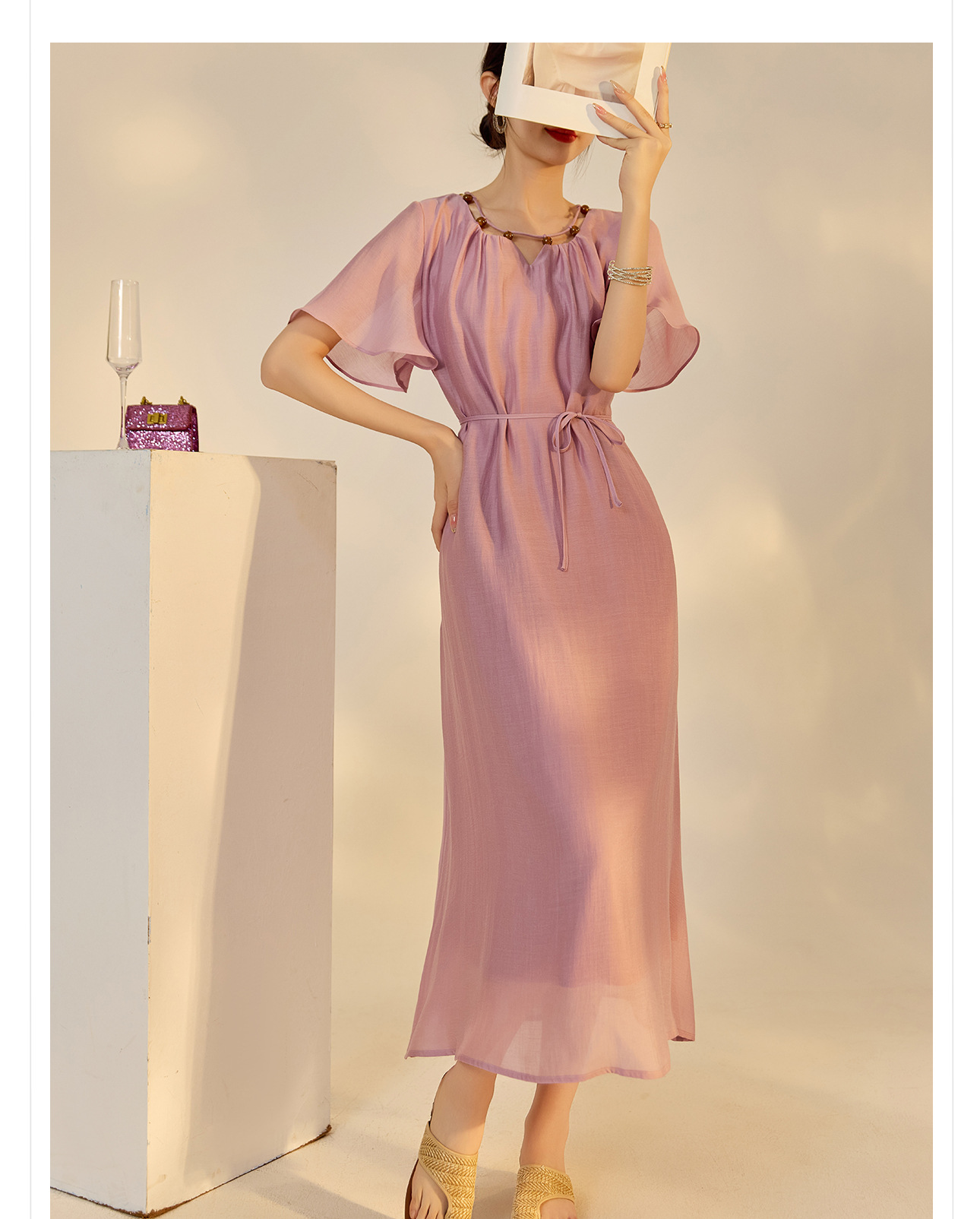 Đầm maxi nữ thắt eo tay lá sen chất Tencel phong cách dân tộc — Taro màu tím chi tiết 15