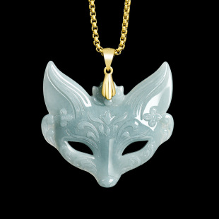 Natural A goods jade blue water fox nine tail fox mask pendant jade pendant S925 silver inlaid men and women pendant