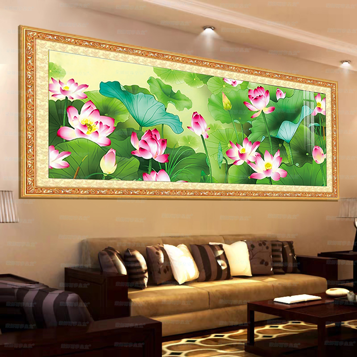Mona Lisa Real bordado cruzado nuevo estilo chino loto rojo reflejo sol 2026 nuevo relajado loto pintura decorativa de sala de estar image 1