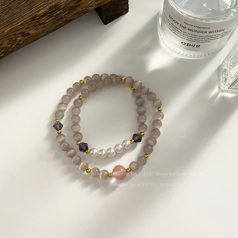 New Chinese Style Simple Smoky Purple Ice Cat's Eye Stone Pointed Pink Crystal Bracelet Elegant Versatile Light Luxury Stackable Jewelry for Women