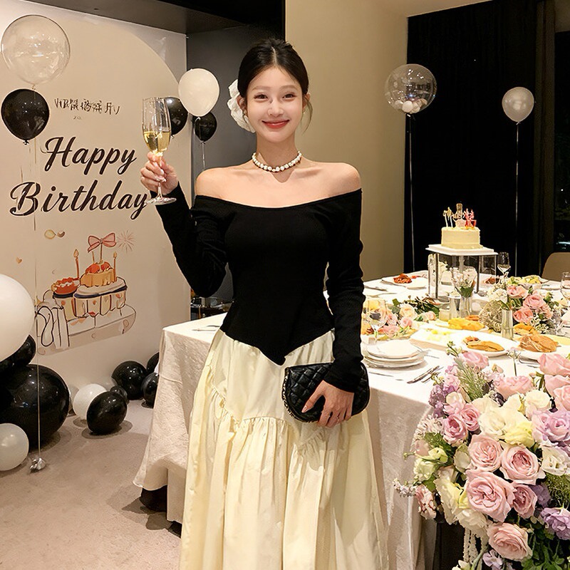 Off-shoulder long-sleeve dress for women, autumn and winter French style, elegant birthday party dress, A-line princess gown