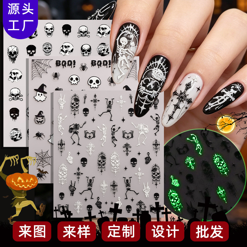 Zhengxiang Cross-Border Glow-In-The-Dark Halloween Nail Stickers European and American Dark Style Skull Pumpkin Head Spider Web Scar Nail Stickers