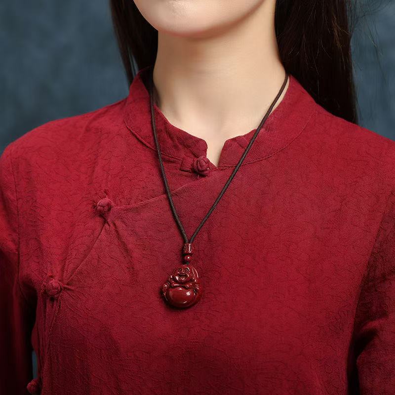 高含有度辰砂弥勒仏ペンダント 天然原石クリスタル紫砂帝紅砂本命年ネックレスペンダント|undefined