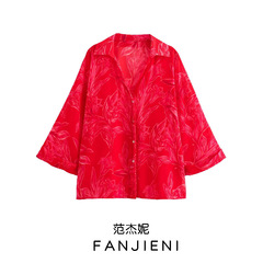 ZR外国貿易卸売り欧米風女装ファッション純色花プリント透明ゆるいシャツ8691137