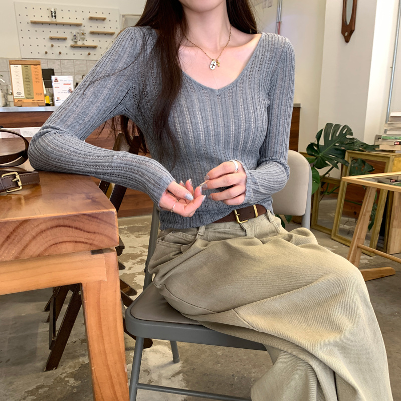 好美镂空v领长袖羊毛针织衫女装美式2025早秋季新款单穿薄款上衣|undefined