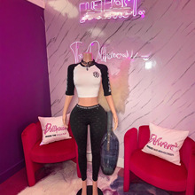 Y300965新款 欧美跨境时尚女装印花休闲弹力拼接修身套装弹力