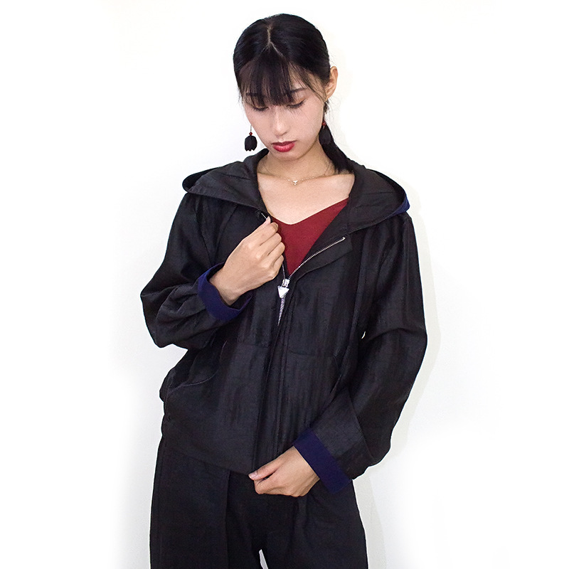 2024 Autumn Style Xiangyunsha Black Turtle Pattern Unisex Hooded Jacket Black and Blue Color Combination