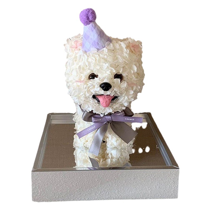 Flor eterna Hortensia Perro Maltsian Regalo de flores reales Confesión de bodas Regalo de cumpleaños de San Valentín Flor eterna Cachorro