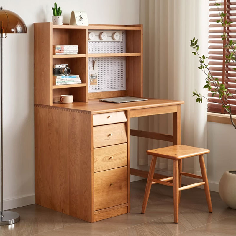 Nordic Solid Wood Cherry Wood Desk Bookshelf Integrated Modern Simple with Drawer Home Bedroom Small Apartment Study Table