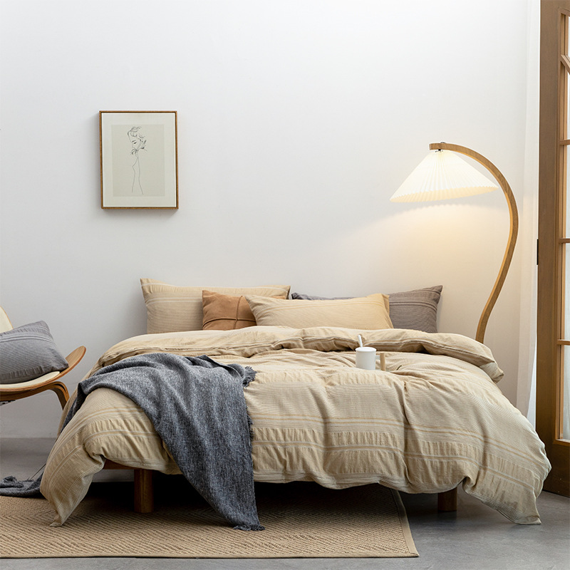 Japanese Style Non-Printed Simple Good Yarn-Dyed Washed Cotton Jacquard Four-Piece Set Cotton Pure Cotton Bed Cover Sheet Bedding