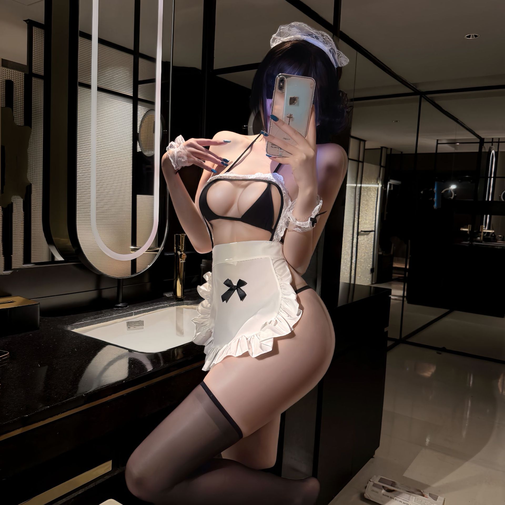 Maid Role-Play Apron Lingerie Set with Hollow-Out Design and Thigh-High Stockings — detail image 5