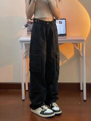 美式复古高街可调节腰带黑色工装裤女春秋大码宽松直筒阔腿裤子潮