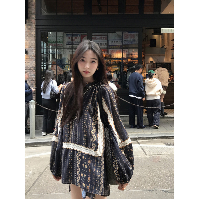 New Price Imitation Linen French Print Shirt Contrast Lace Stitching Loose Bohemian Style Top Women's Spring
