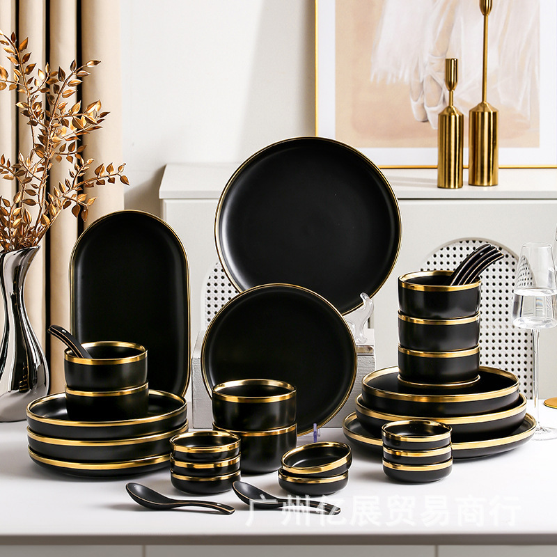Nordic Tableware Household Ceramic Rice Bowl Phnom Penh Matte Black Hotel Steak Plate Cross-border Gift Box Bowl Chopsticks suit Fish Plate