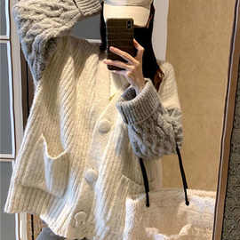 领针织开衫女秋冬外穿宽松慵懒风麻花毛衣外套早秋新款上衣