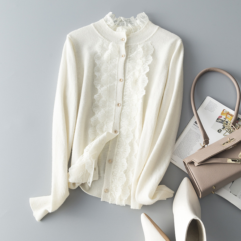 Mu Jun Clothing Factory/High-Fashion Lace-Trimmed Patchwork Exquisite Rhinestone Button Pure Wool Knit Cardigan for Women