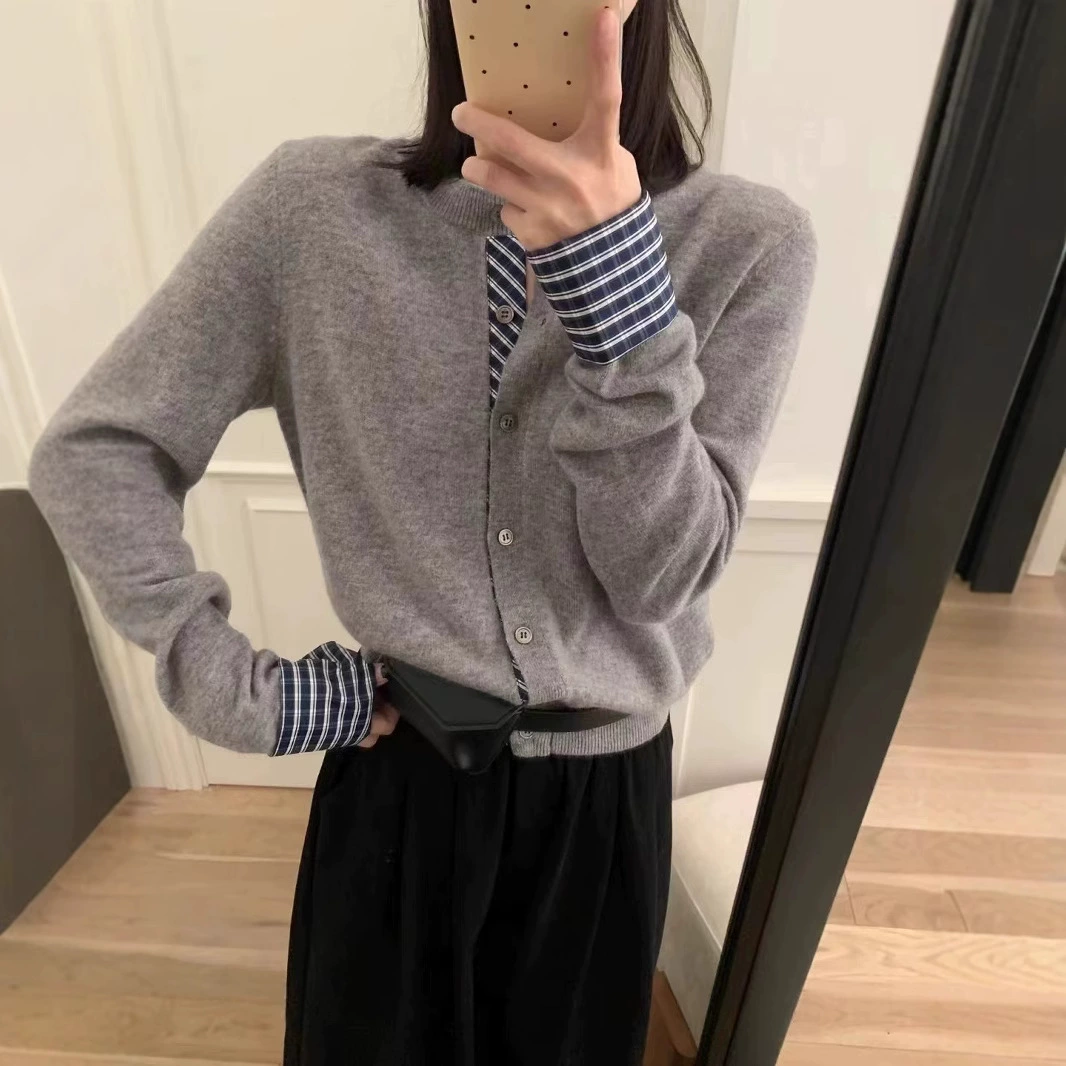 Конструктор в сетку с дизайном с длинными рукавами кашемировый вязаный кардиган осенью с круглым вырезом из двух частей свитера топ