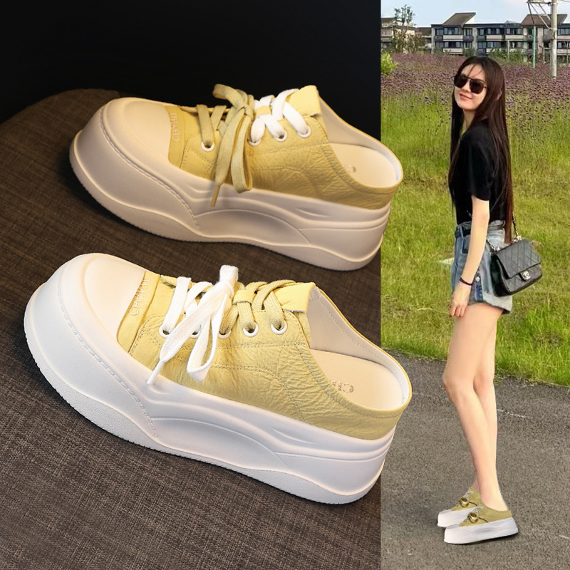 Giày sneaker nữ đế dày tăng chiều cao, mũi tròn bít, phong cách thể thao mùa hè 2025 — Màu be, Màu hồng, Màu vàng