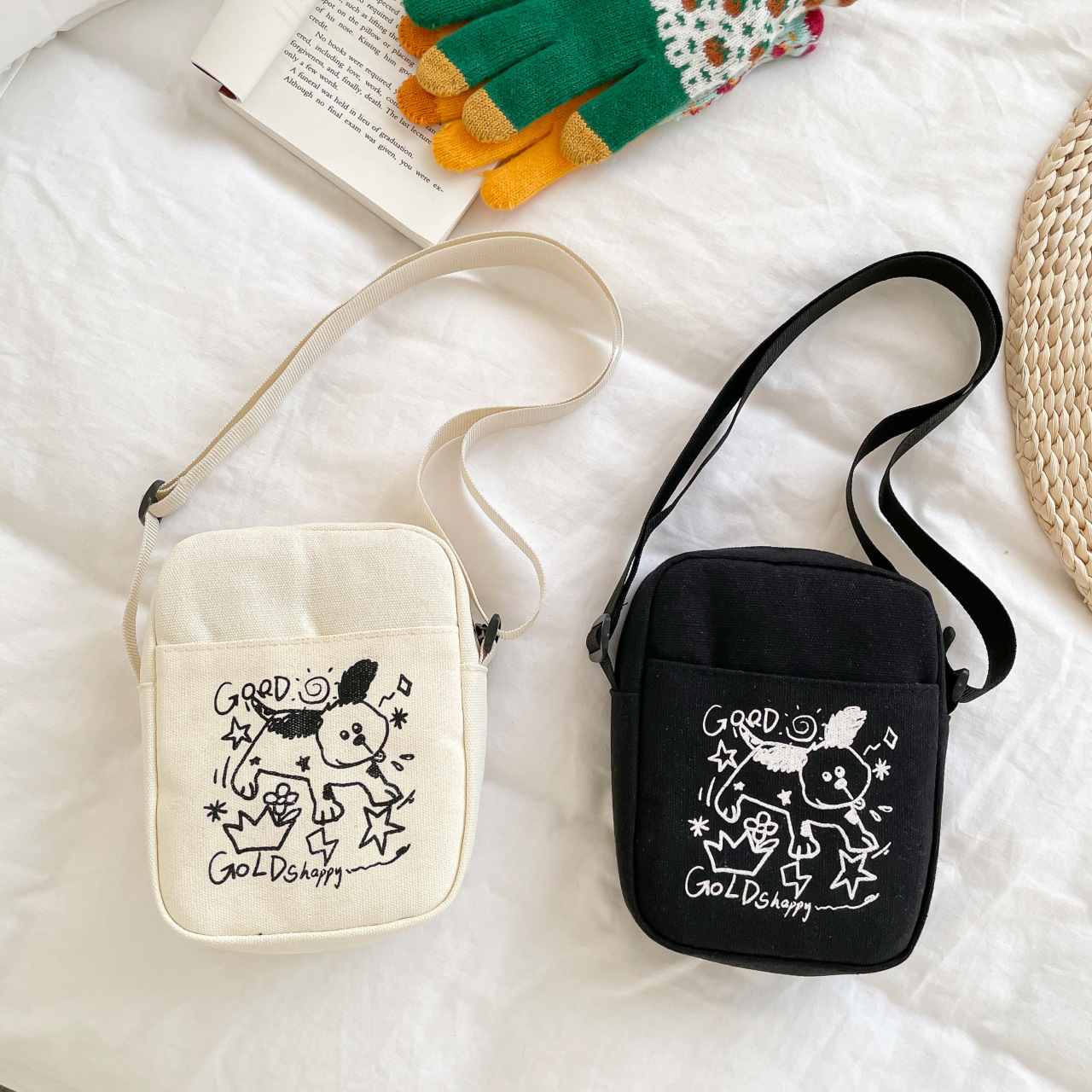 Wholesale rabbit canvas bags for women, trendy and soft style, simple student small square bags, casual, fresh and lightweight.