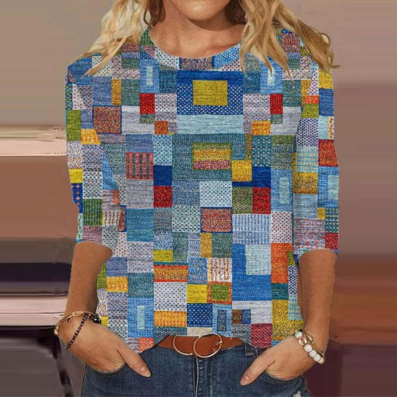 2025 Independent Platform Tiktok Hot-Selling Tetris Color-Block Print Round Neck Top Retro Bohemian