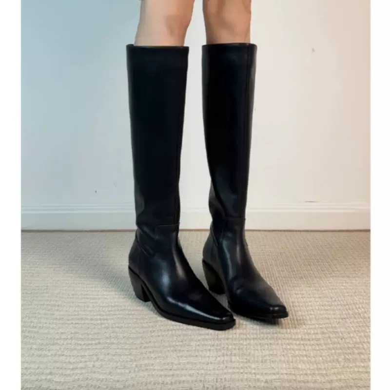【现货~~】5cm复古方头长靴女法式2025新款复古及膝靴粗跟骑士靴