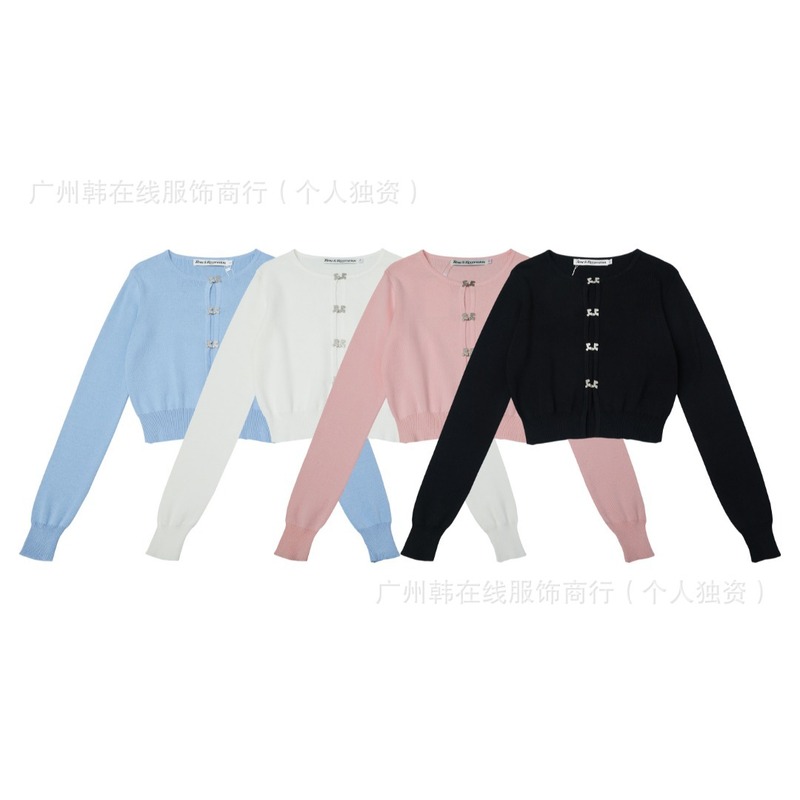 韩国restandrecreation新款rr夹设计扣短款针织开衫rr上衣女|undefined