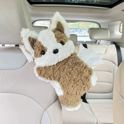 Cute Corgi Car Tissue Box Plush Toy Doll Car Hanging Tissue Bag Popular Car Decoration Accessories (Car tissue box/set) - off-white-brown-tilted-corgi-tissue-box-cover