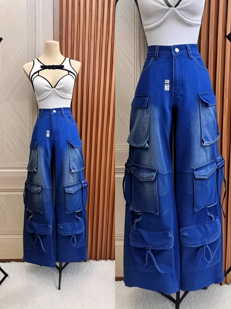 Pantalones de mezclilla para mujer, monos, pantalones de moda de piernas anchas con bolsillos múltiples, pantalones Cargo pants wholesale