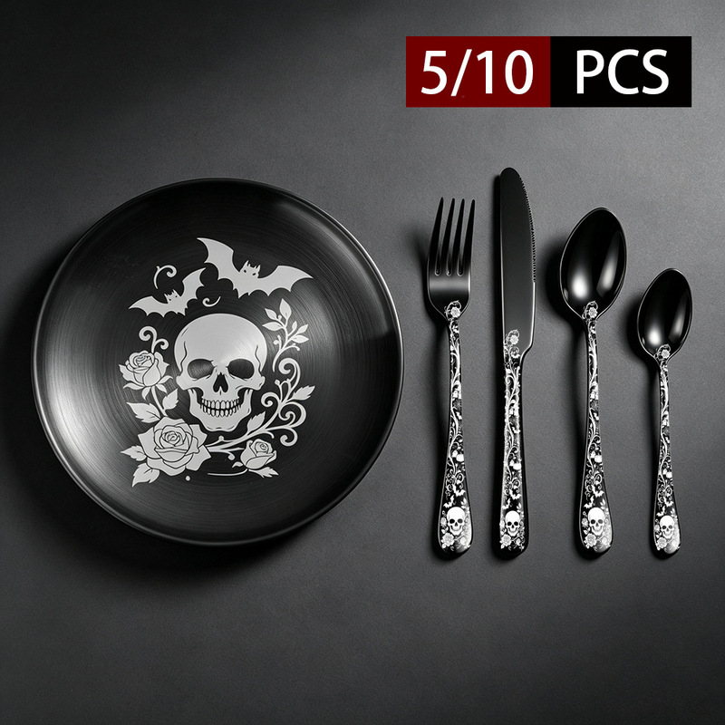 Gothic Skull Stainless Steel Western Dinnerware Halloween Plate Knife Fork Spoon Dinner Set Hotel Outdoor Barbecue Plate Cutlery Set Gothic Skull Stainless Steel Western Dinnerware Halloween Plate Knife Fork Spoon Dinner Set Hotel Outdoor Barbecue Plate Cutlery Set