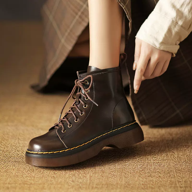 ins英伦风潮流牛皮马丁靴女 2023秋冬新款圆头厚底粗跟中筒靴子女