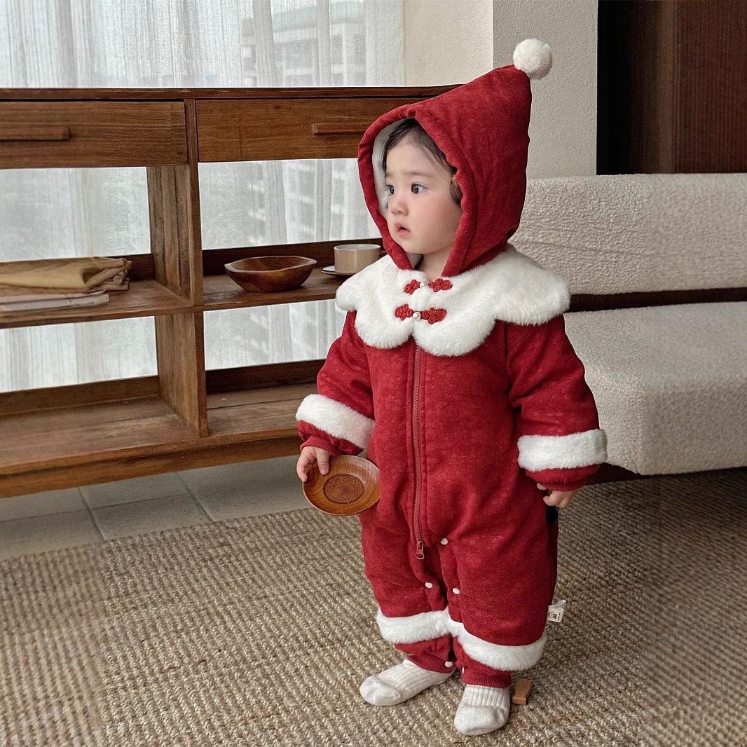 Ropa de invierno para bebés, estilo chino, acolchado festivo, estilo occidental, una pieza, ropa gruesa y cálida para bebés femeninos, ropa de año nuevo